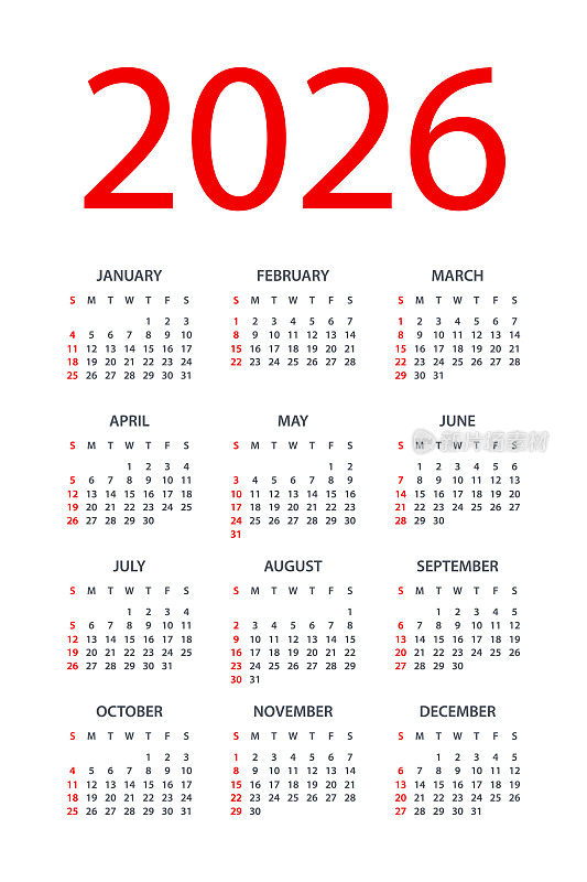 日历2026 -简单布局插图。一周从周日开始。日历设定为2026年